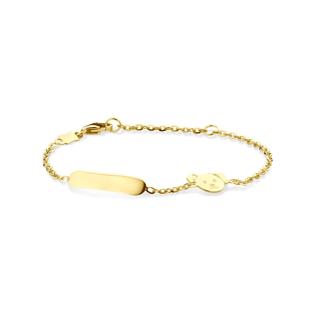 Bracciale in oro giallo 14k con piastrina per incisione e charm a forma di cagnolino.