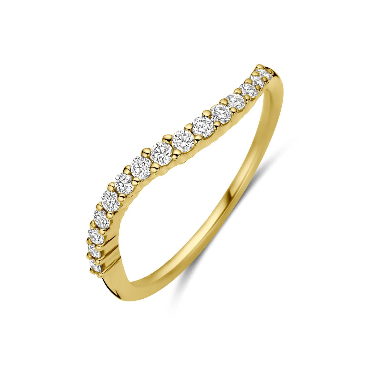 Anello in oro giallo 14k con diamanti da 0,21 ct, design ondulato.