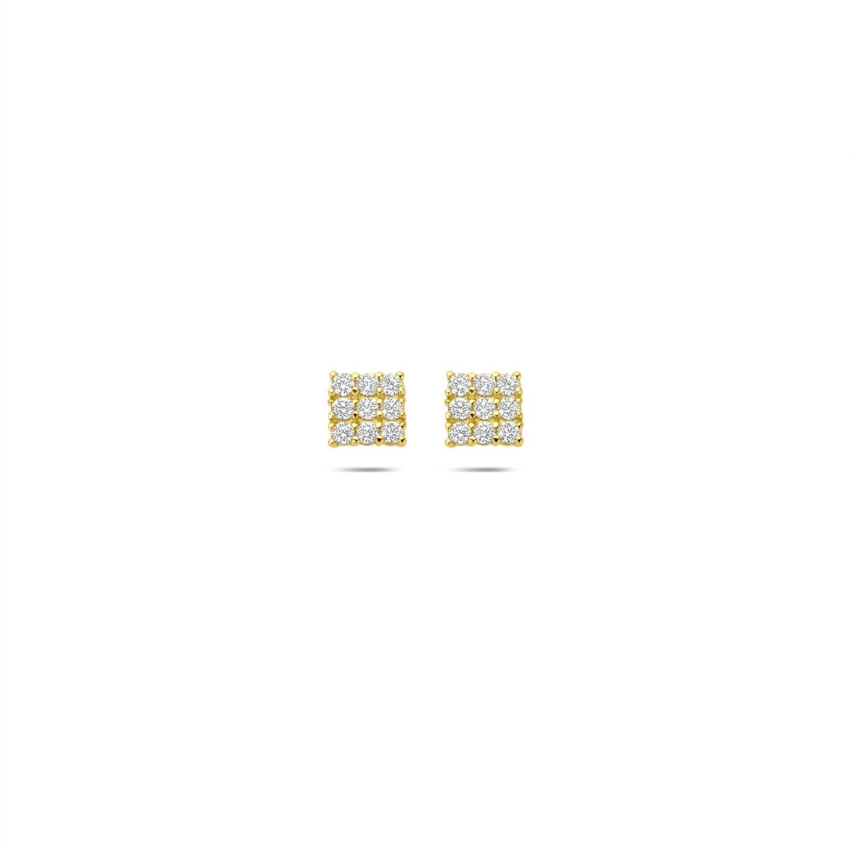 Orecchini in oro 14k con pavé di zirconi, forma quadrata e finitura lucida.