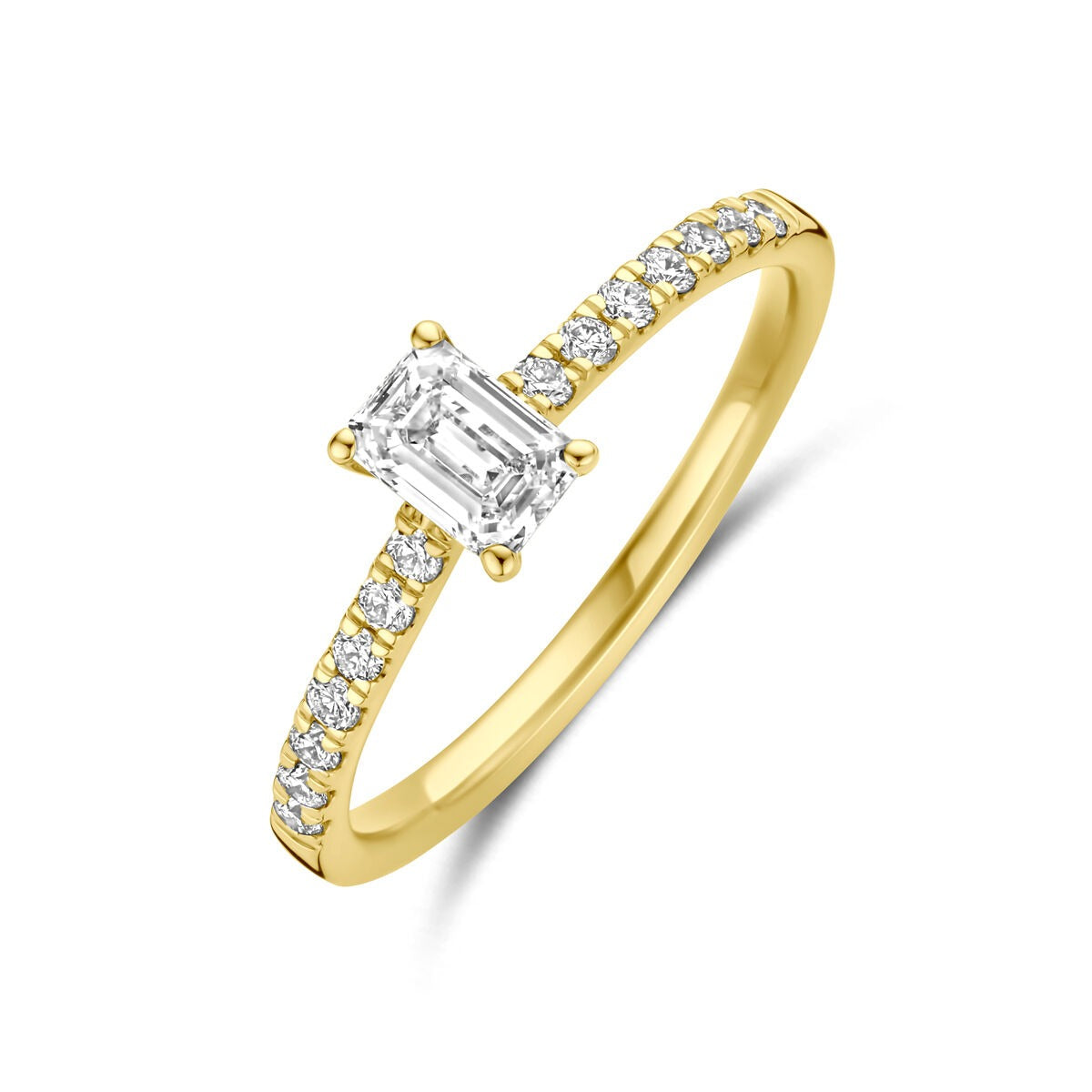 Anello in oro 14k con diamante lab-grown a taglio smeraldo e pietre brillanti.