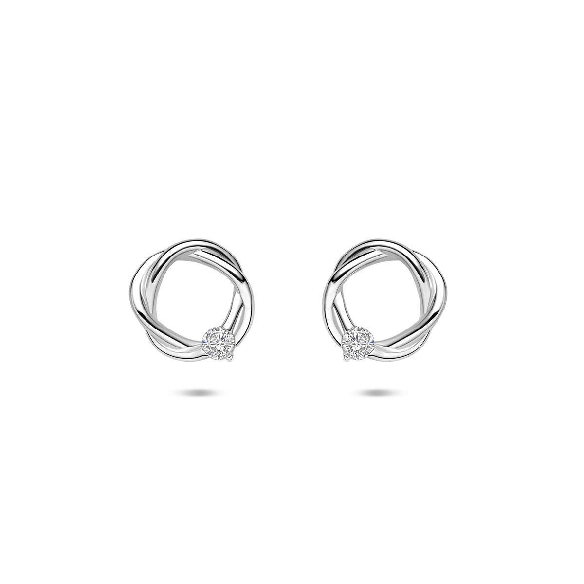 Orecchini in argento 925 rodiato con zircone, forma intrecciata, diametro di 10 mm.