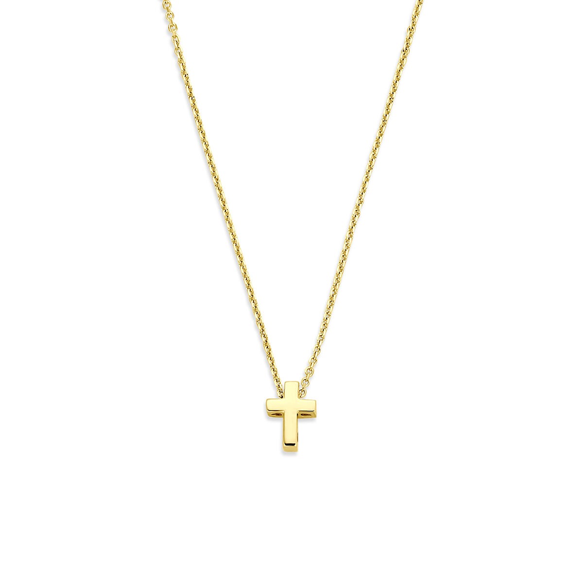 Geelgouden ketting met een eenvoudig kruisje als hanger.