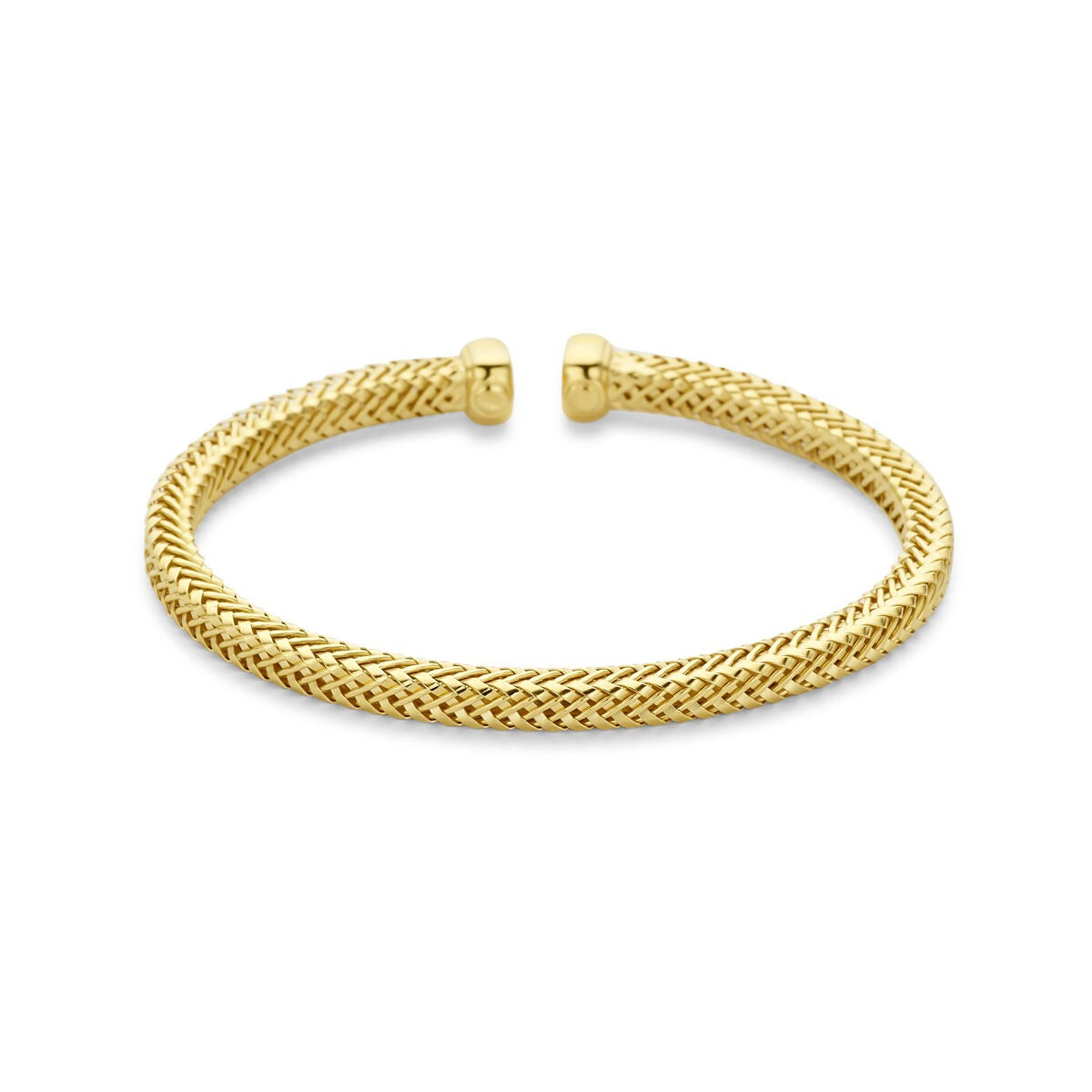 Bracciale in argento 925 placcato oro, di forma aperta, con finitura intrecciata.