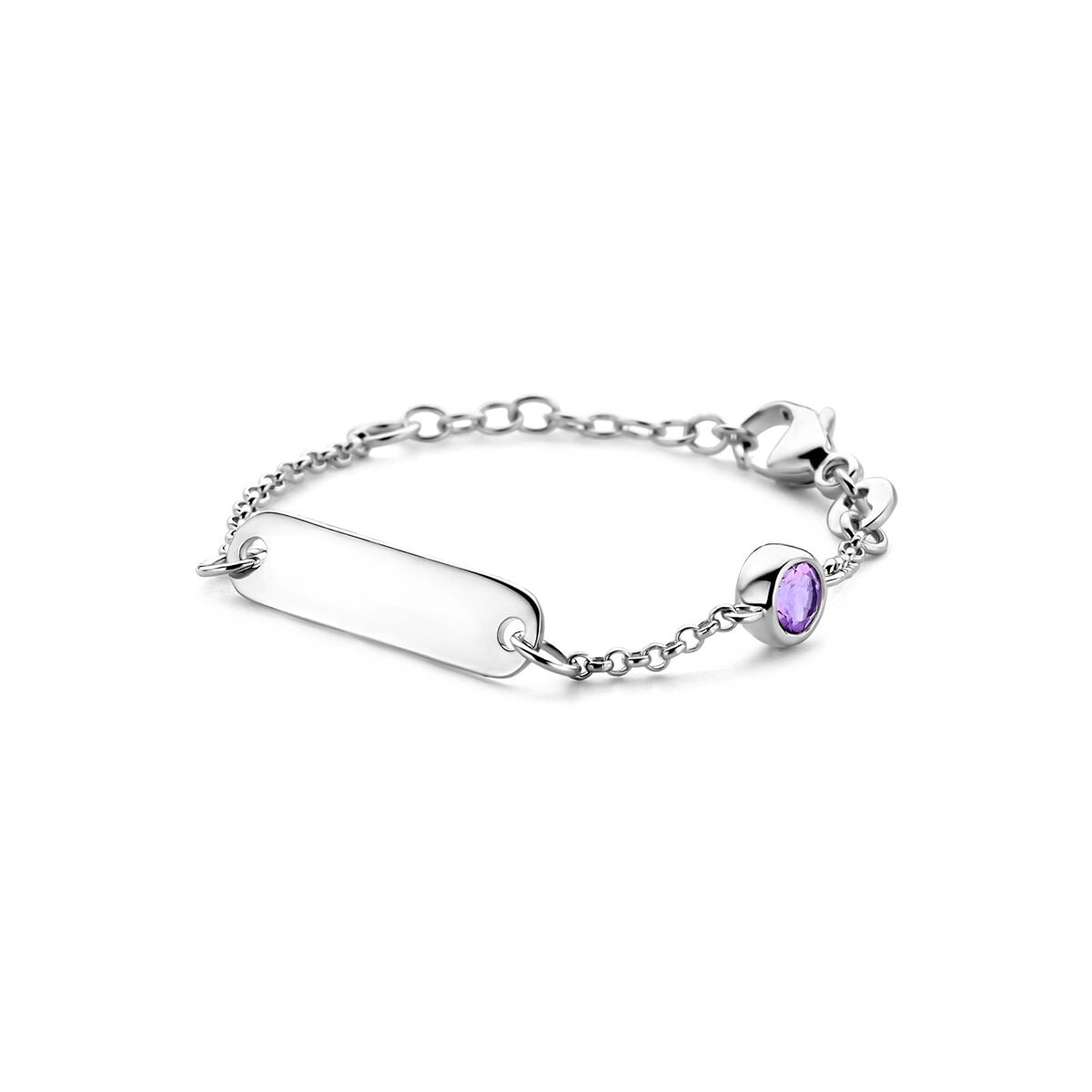 Gerhodineerde 925 zilveren graveerarmband voor kinderen met een amethist en een schakelketting.