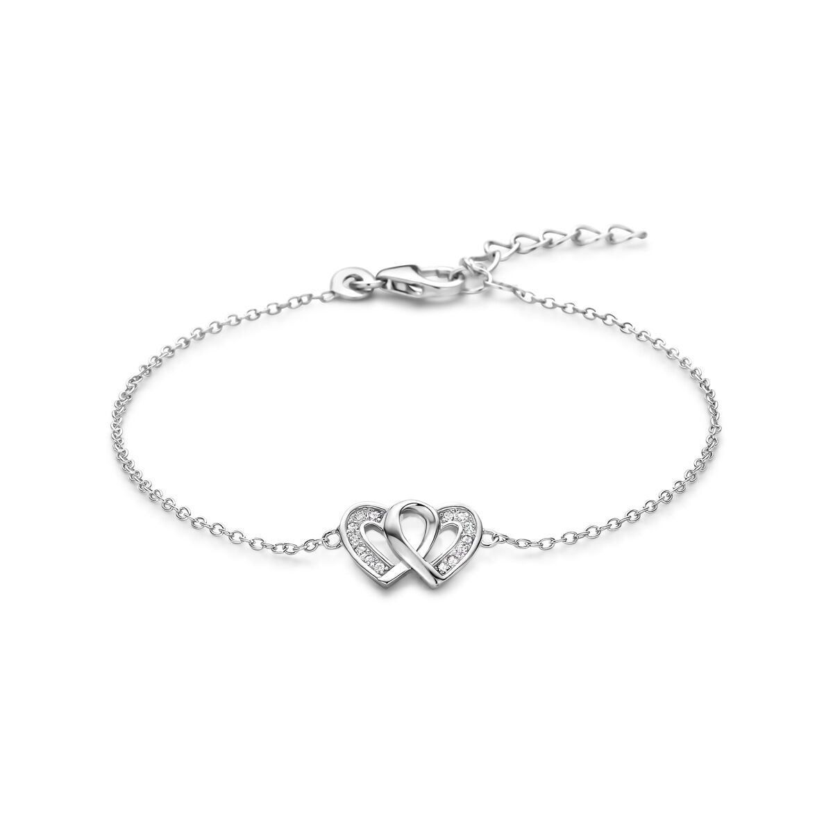 Bracciale in argento rodiato 925 con due cuori intrecciate e dettagli in zirconia.