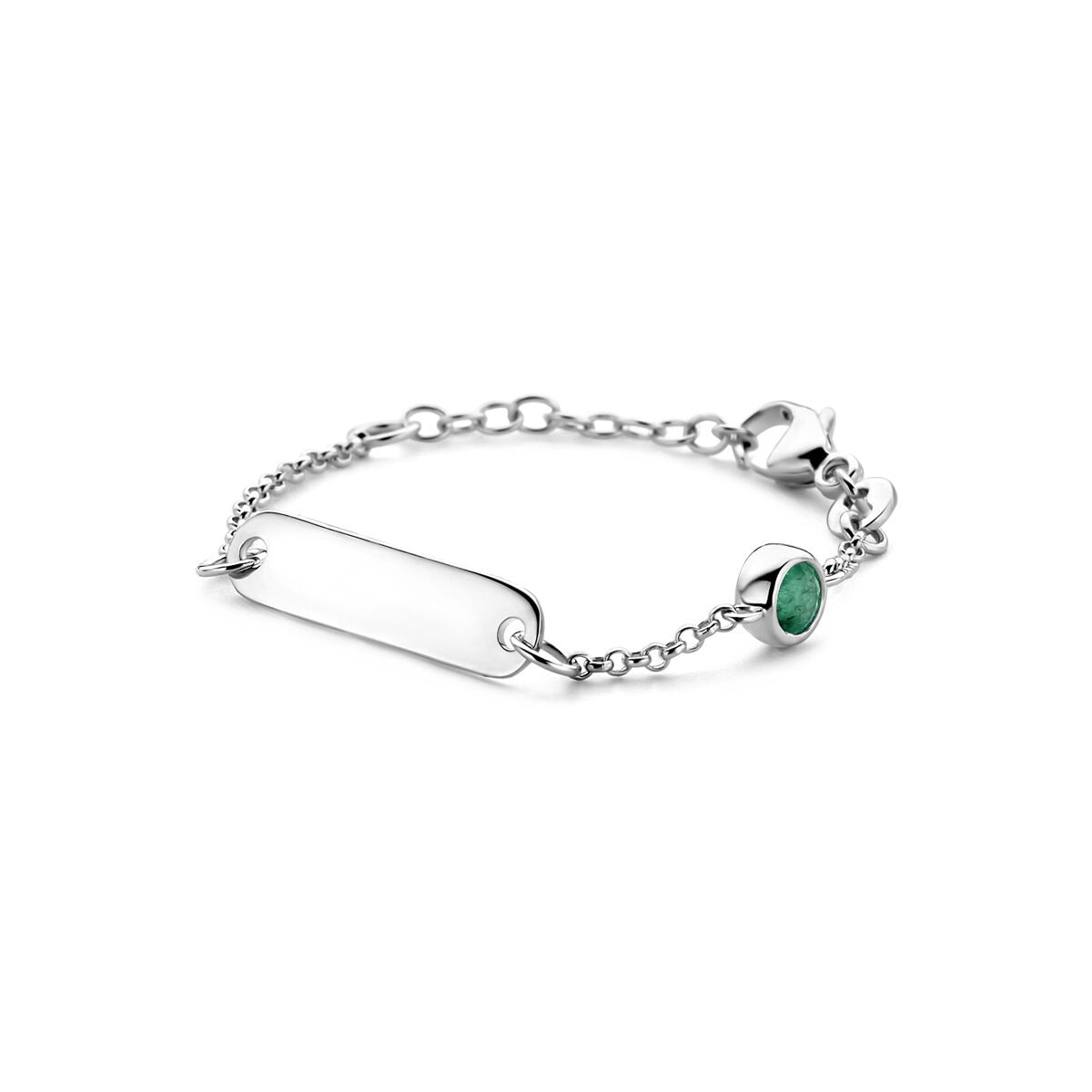 Gerhodineerde 925 zilveren kinder graveerarmband met een groene smaragd en een gladde, ovale schijf.