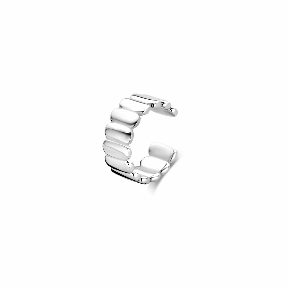 Orecchino a cuff in argento rodiato, forma ondulata, dimensioni 11,5 x 4,5 mm.