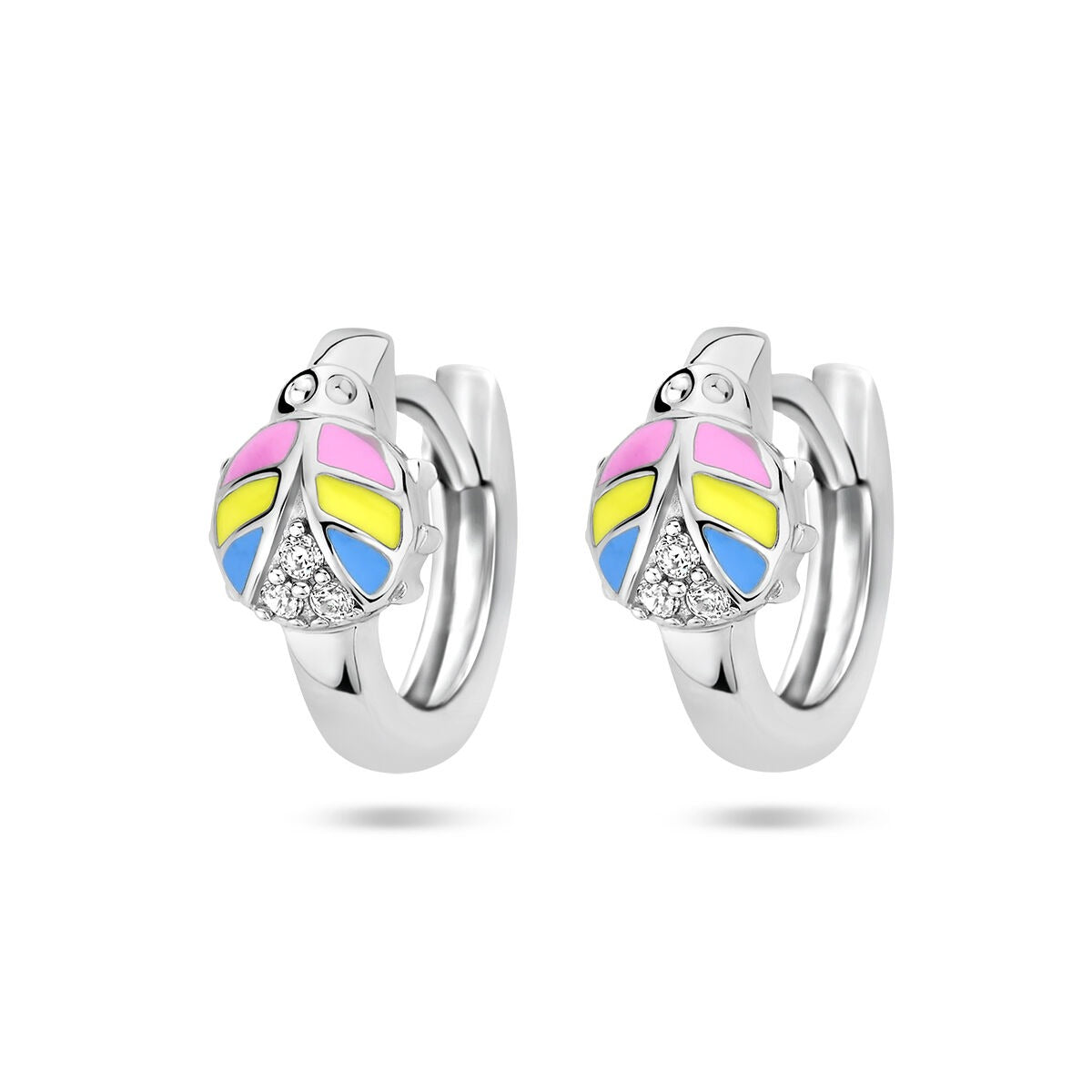 Orecchini per bambini in argento rodiato 925 con coccinella colorata e zirconi.