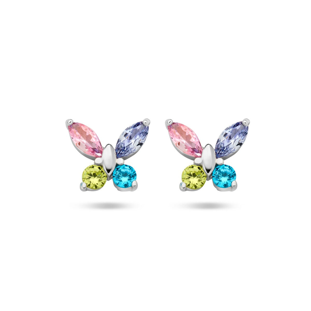 Orecchini a forma di farfalla in argento con zircone colorate rosa, viola e verde.