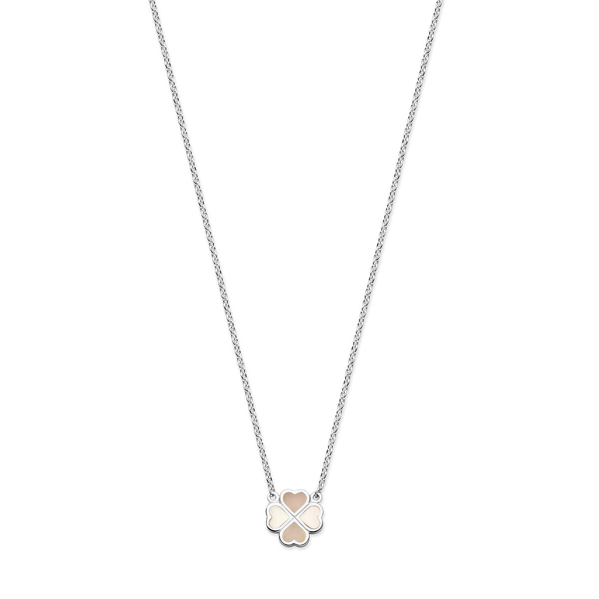Collana bizantina in argento con ciondolo a trifoglio in madreperla rosa e bianca, finitura rodiata.