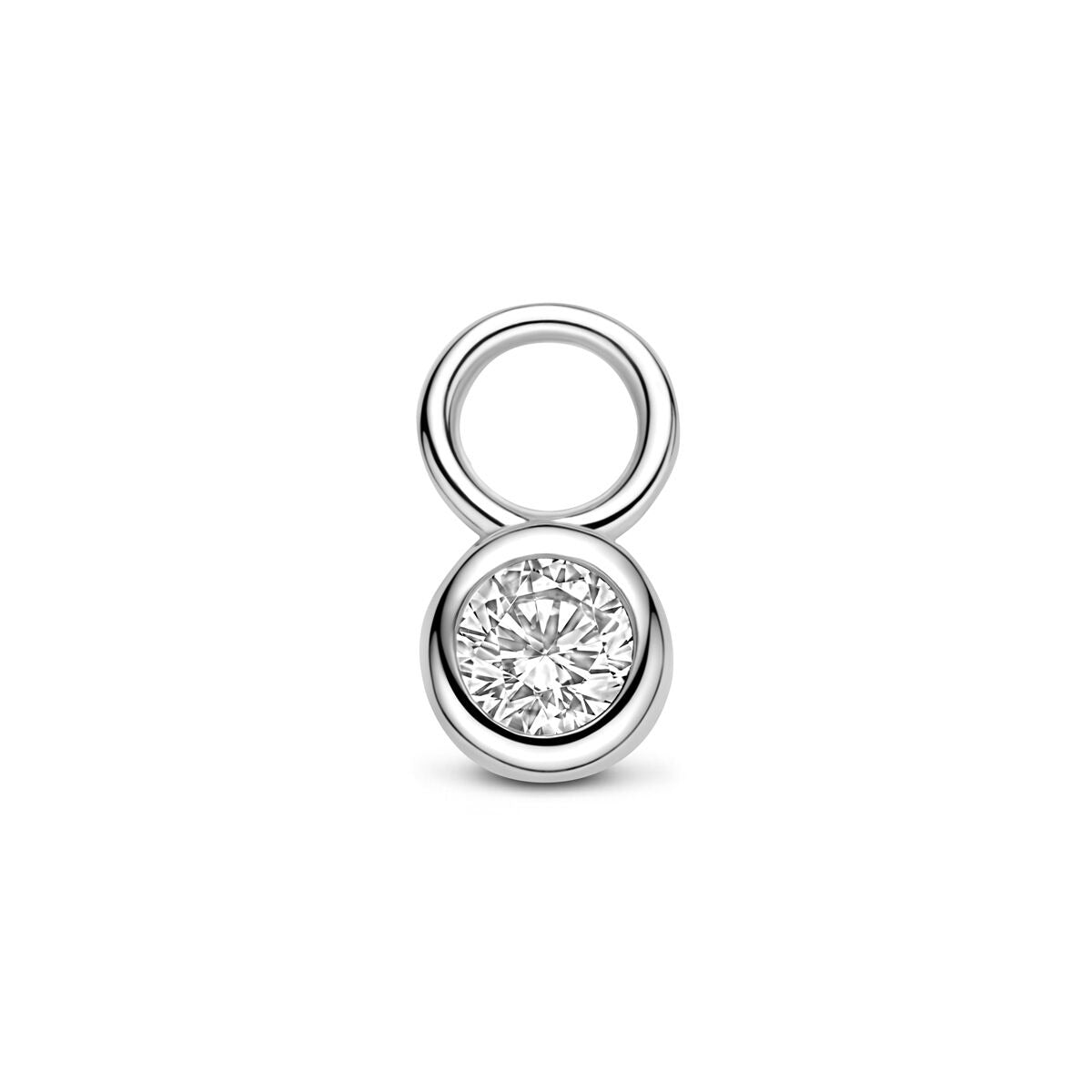 Orecchino pendente in argento rodiato con zircone, forma rotonda e finitura lucida.