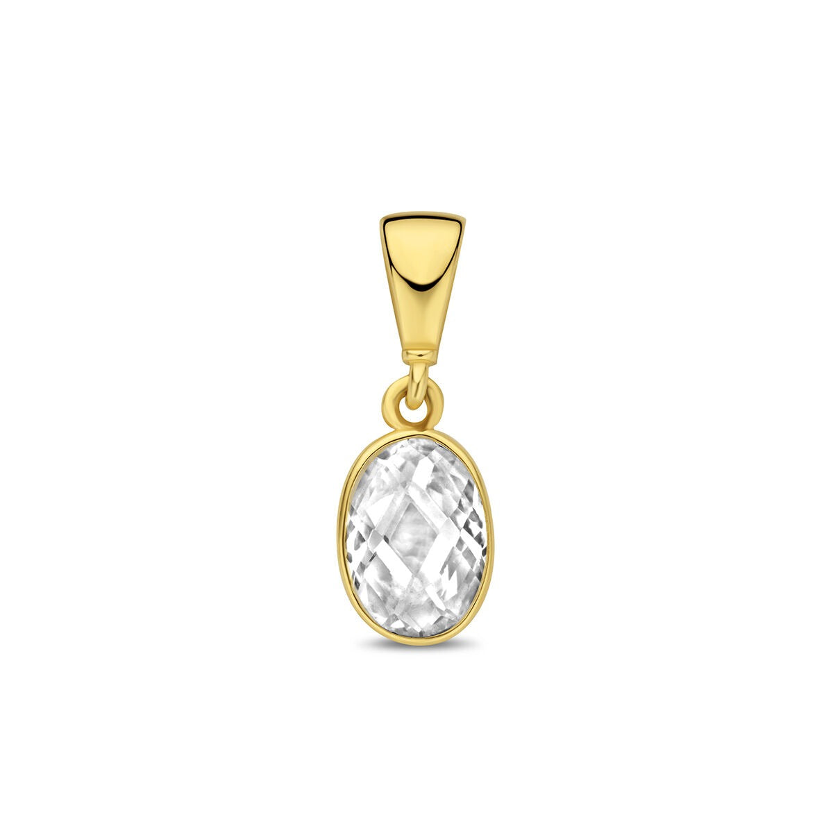 Ciondolo in oro giallo 9k con zircone ovale trasparente.