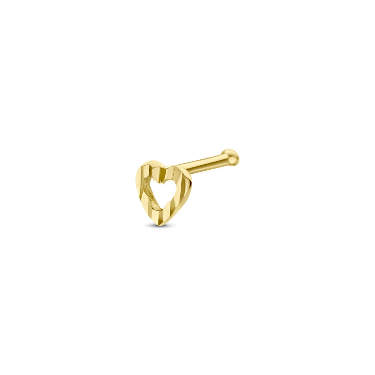 Piercing al naso in oro giallo 14k a forma di cuore con dettagli rigati.