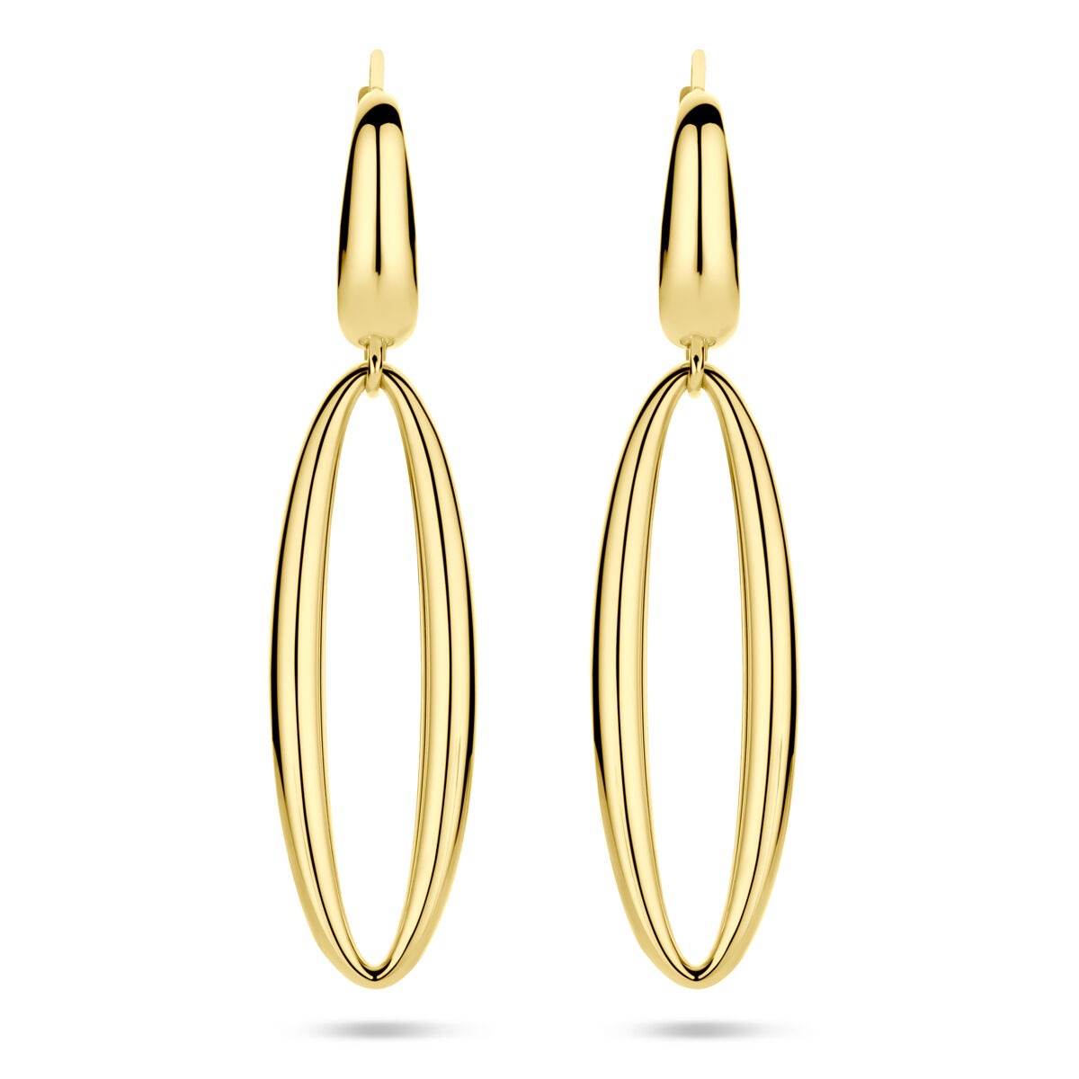Orecchini pendenti in oro giallo 14k, lunghi 42 mm, con forma ovale.