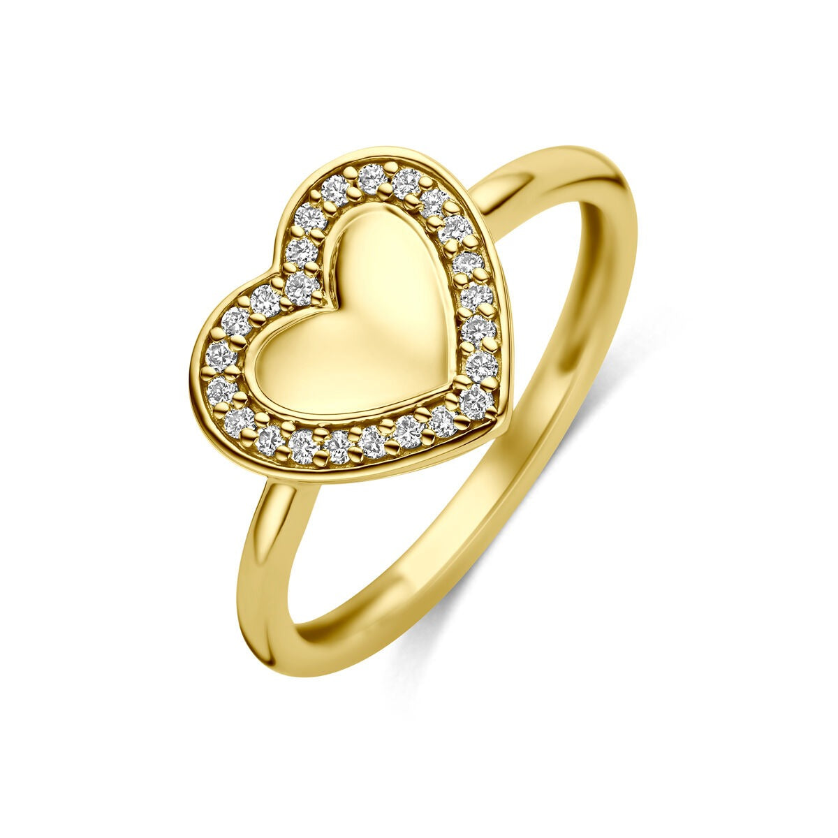 Anello in oro giallo 14k con diamante lab-grown, forma a cuore con zirconi.