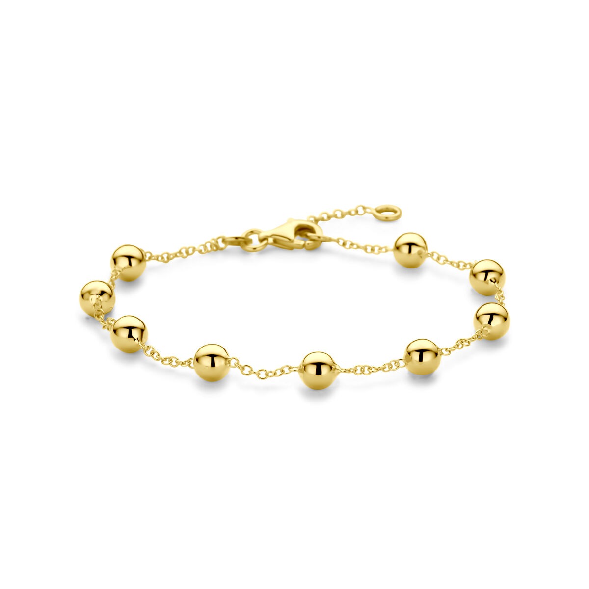 Bracciale in oro giallo 14k con sfere lucide, design delicato e raffinato.