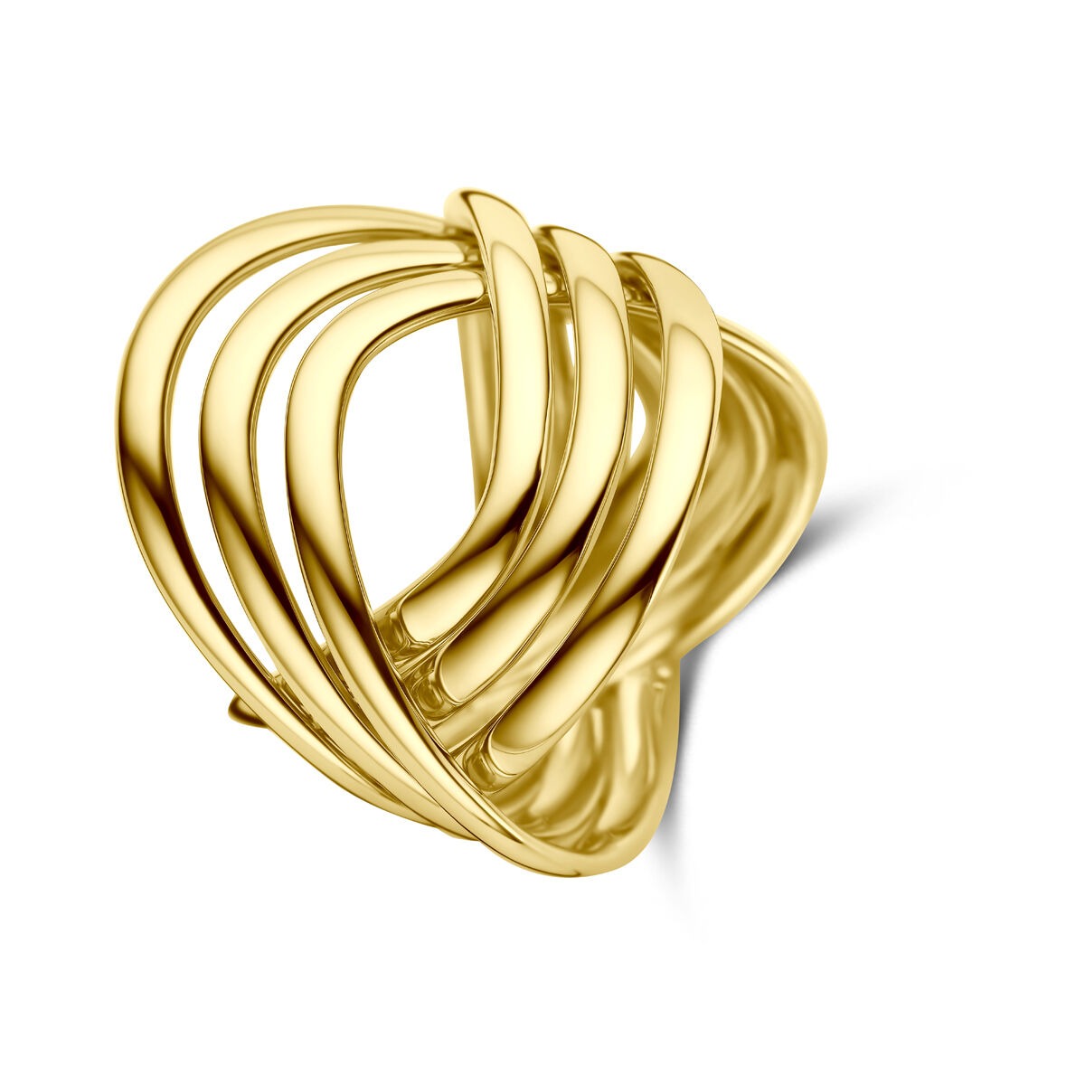Anello da donna in oro giallo 14k con design intrecciato e lucido.