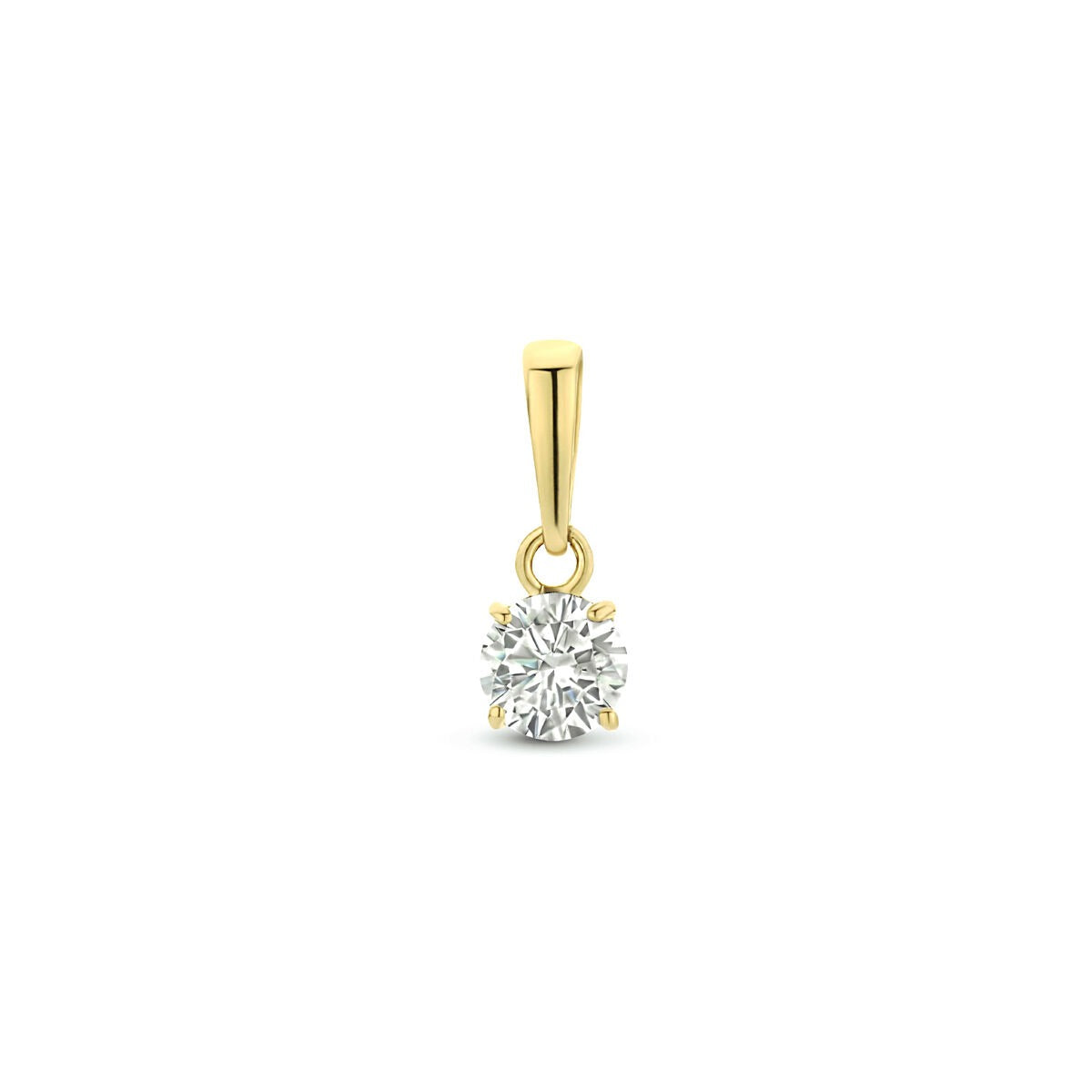 Ciondolo in oro giallo 14k con zirconia, forma rotonda e finitura lucida.
