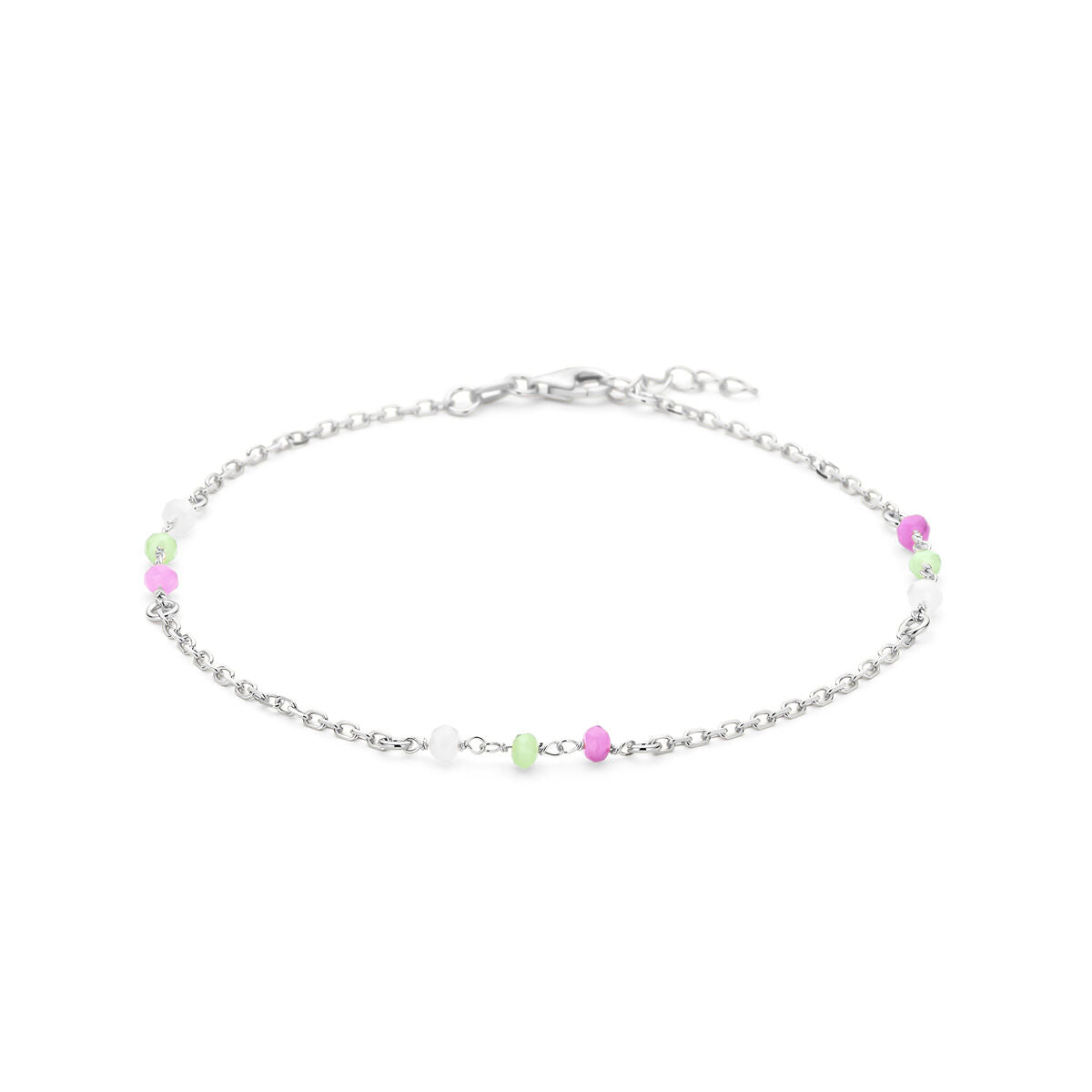 Bracciale alla caviglia in argento con cristalli bianchi, verdi e rosa.