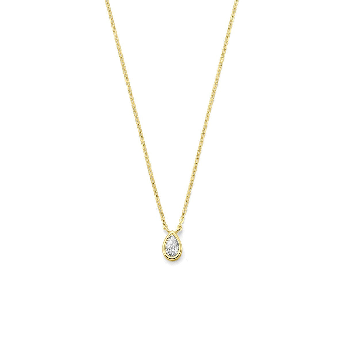 Geelgouden damesketting met peervormige zirkonia aan een fijne schakelketting.