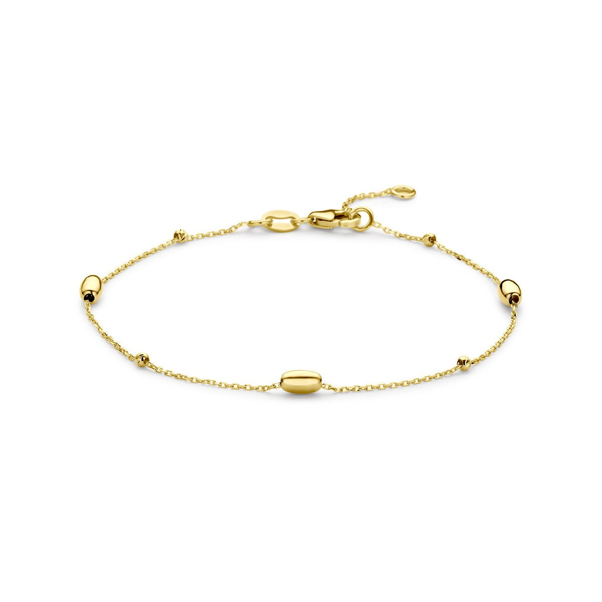 Bracciale in oro giallo 14k con palline e barretta.