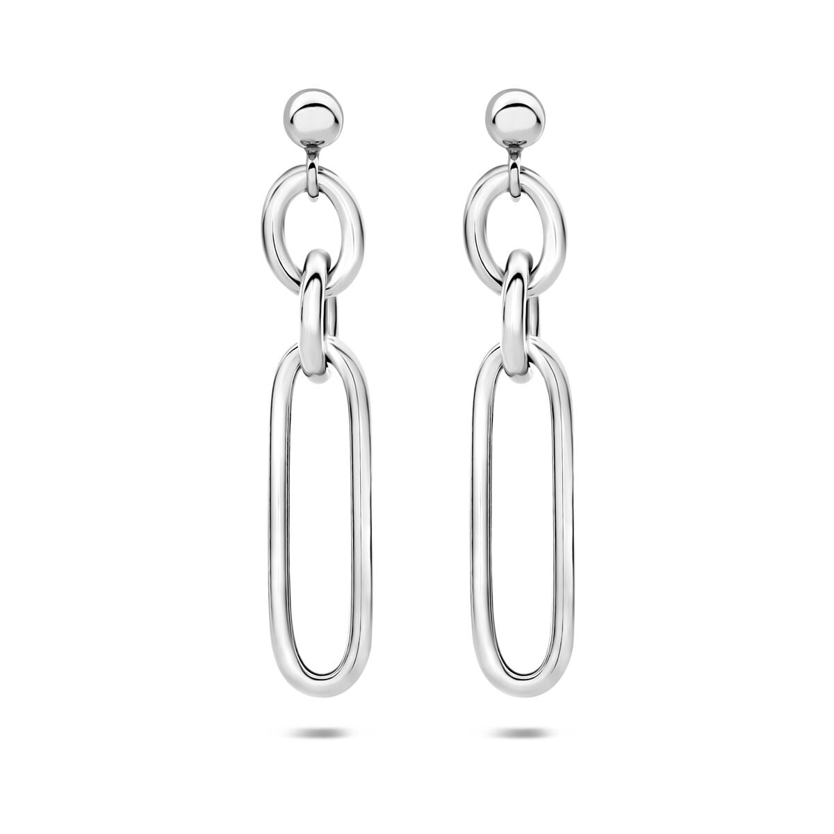 Orecchini in argento rodiato con design a catena e forma ovale allungata.