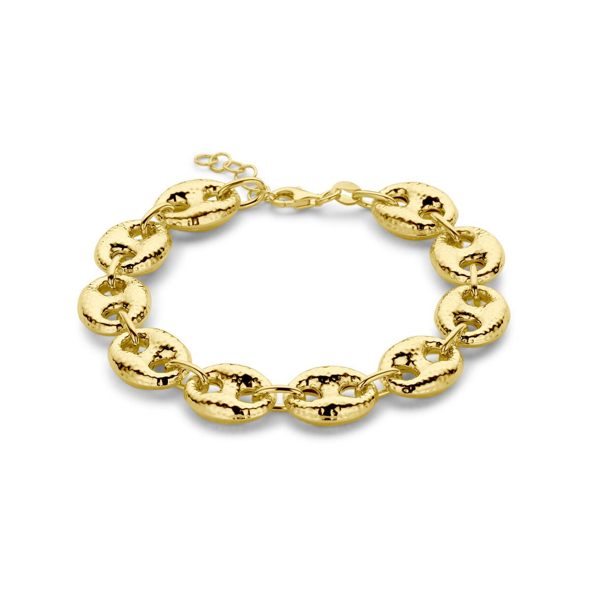 Bracciale in argento dorato con ampie maglie ad anello.