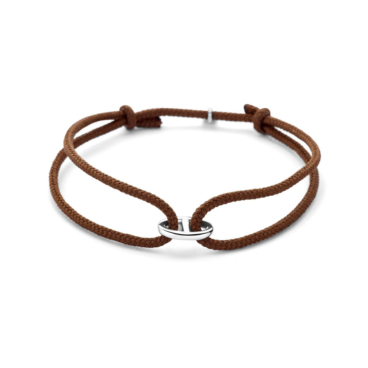 Bruine katoenen armband met gerhodineerde schakel in de vorm van een koffieboon.