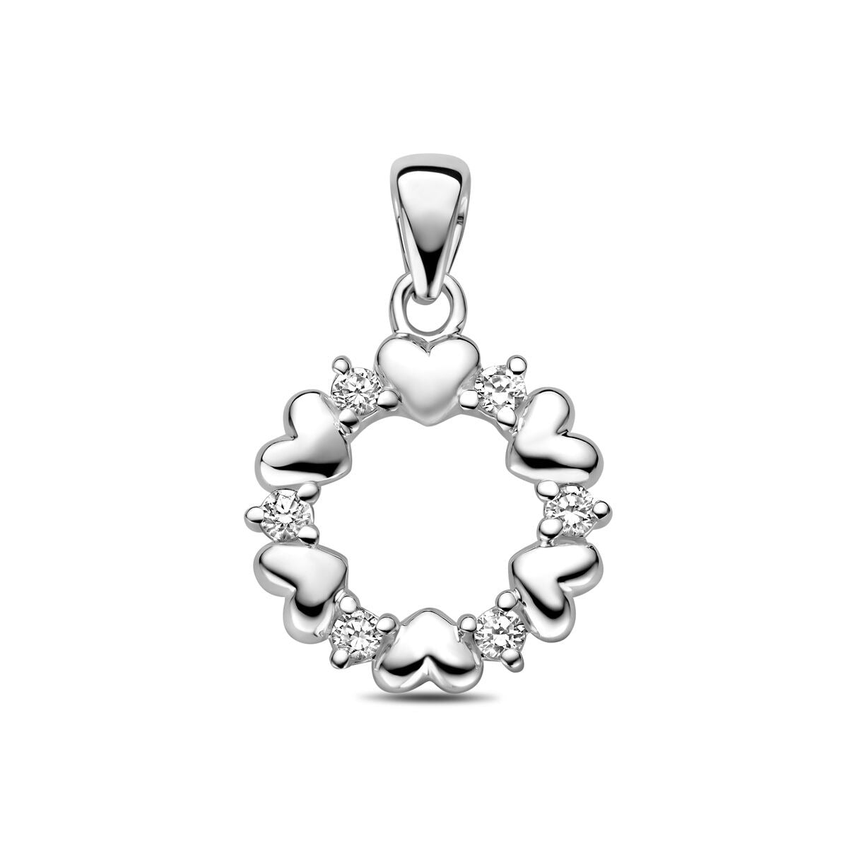Gerhodineerde zilveren hanger in de vorm van een cirkel met hartjes en zirkonia-steentjes.