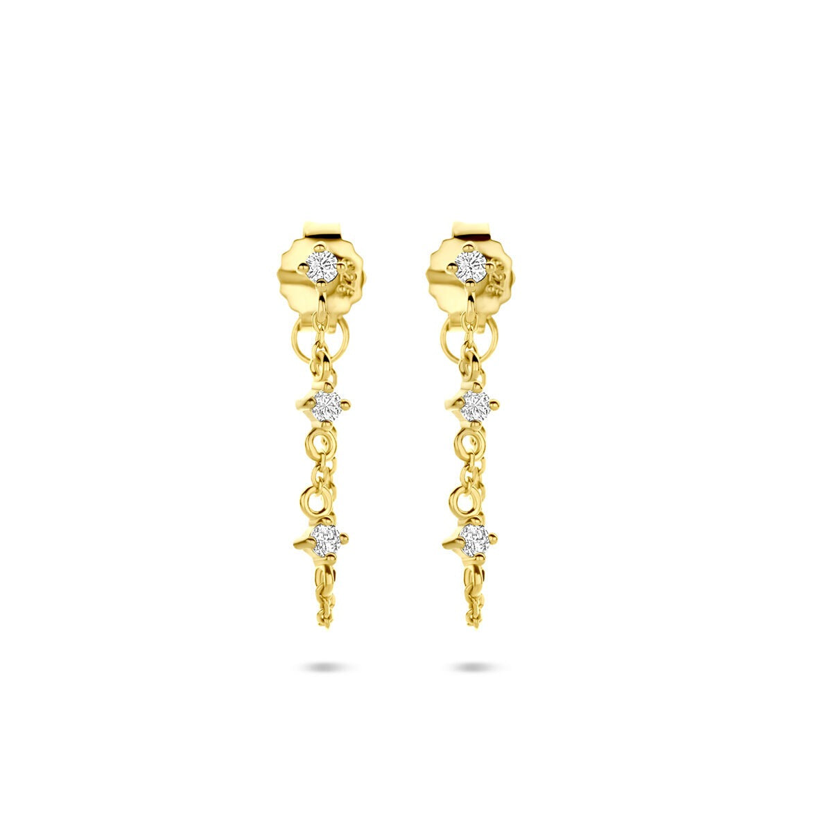 Verguld zilveren oorhangers met een hangende ketting en zirkonia steentjes.