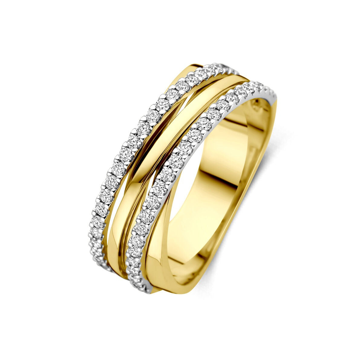 Anello bicolore in oro 14k con diamanti in pavé.