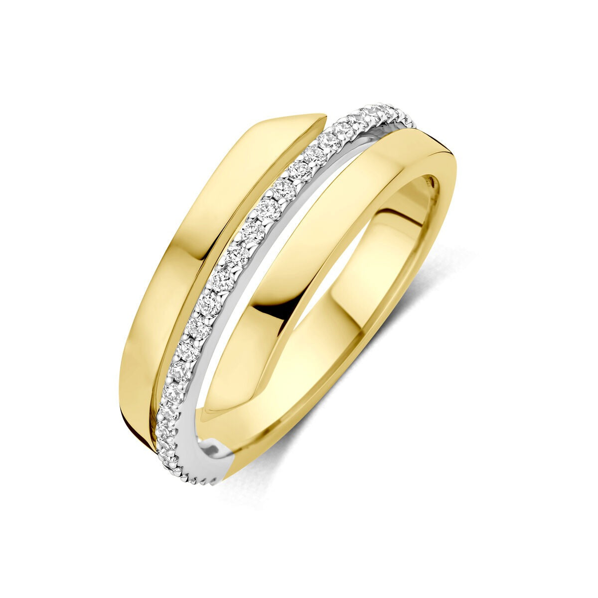 Anello in oro bicolore 14k con diamanti da 0,21 ct, design moderno e lucido.