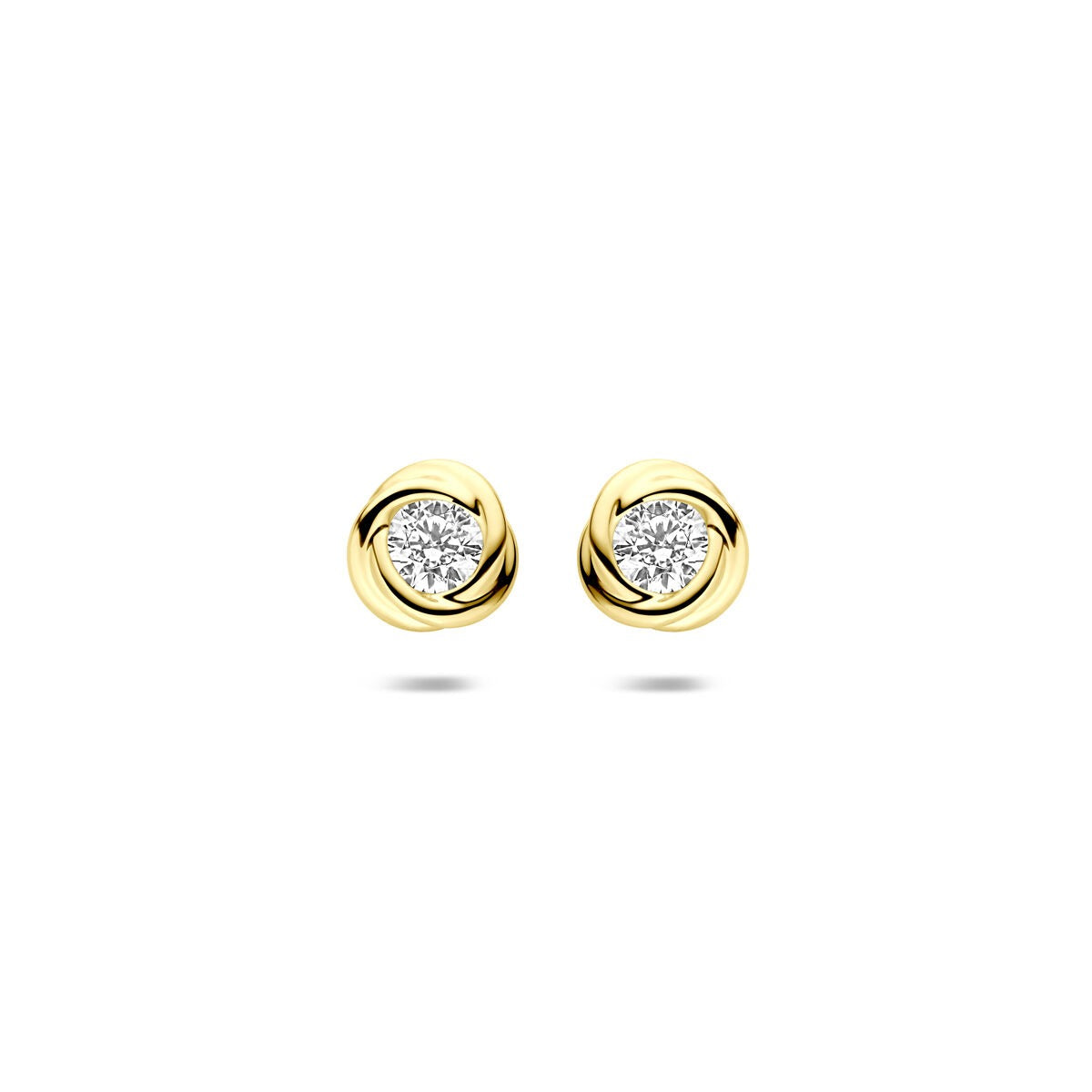 Orecchini a bottone in oro 14k con zirconi, montatura solitaria e design rotondo.