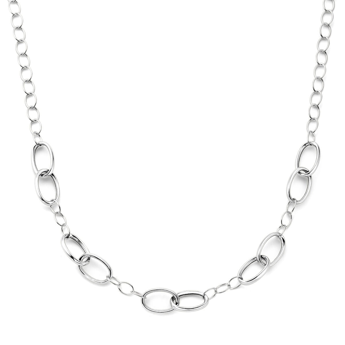Collana in argento 925 rodiato con ampie maglie ancorate di 11 mm, lunghezza 45 cm.