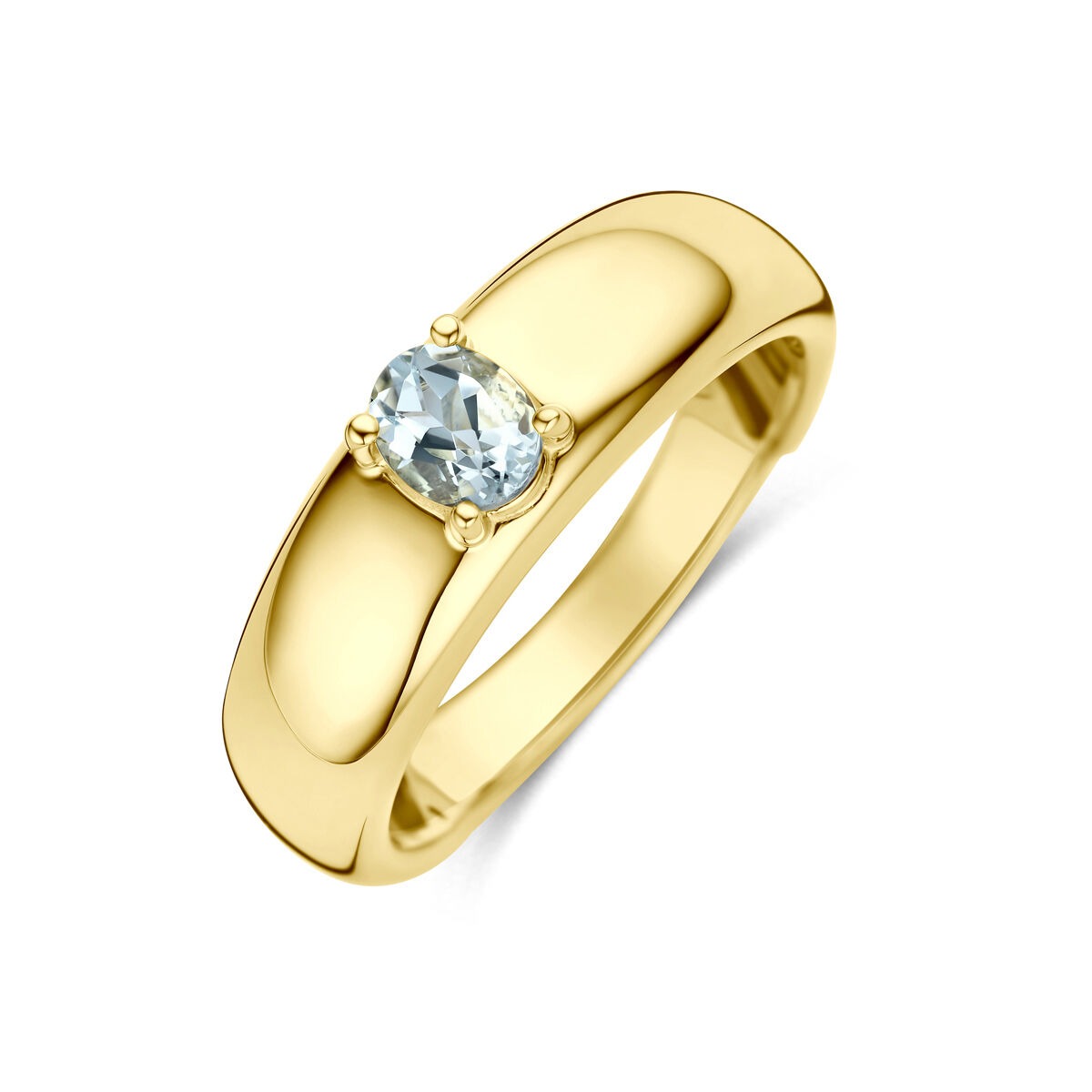 Anello in oro giallo 14k con acquamarina ovale incastonata.