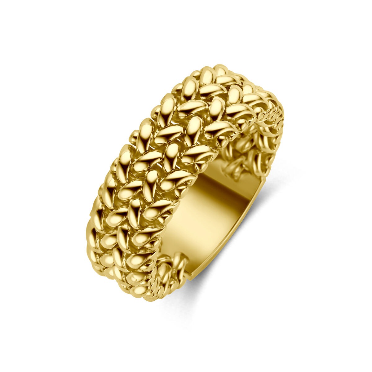 Anello da donna in oro giallo 14k con motivo intrecciato e finitura lucida.