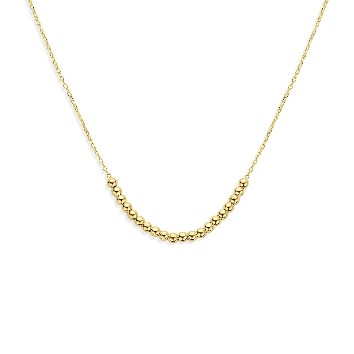 Geelgouden collier met een rij bolletjes in verschillende groottes.