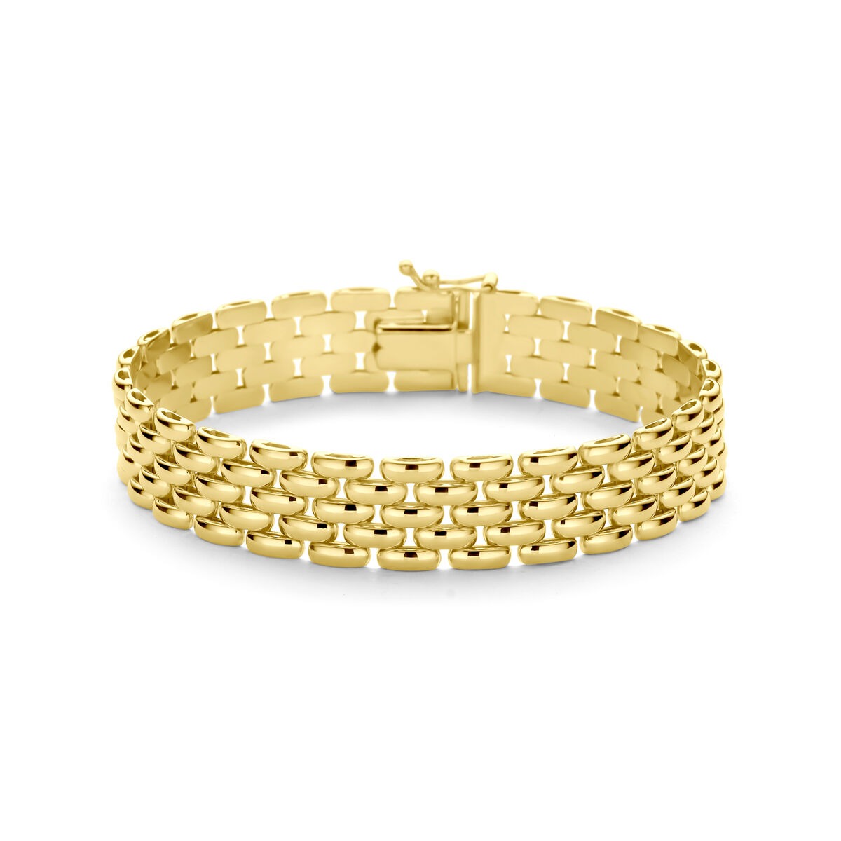 Bracciale in oro giallo 14k con maglie a forma di pantera, design elegante per donna.