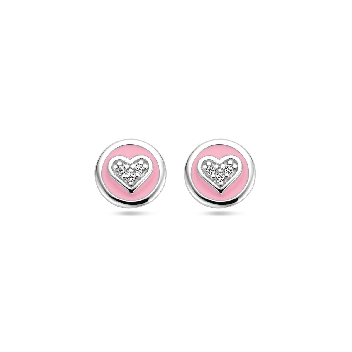 Orecchini per bambini in argento con cuore in smalto rosa e zirconi.