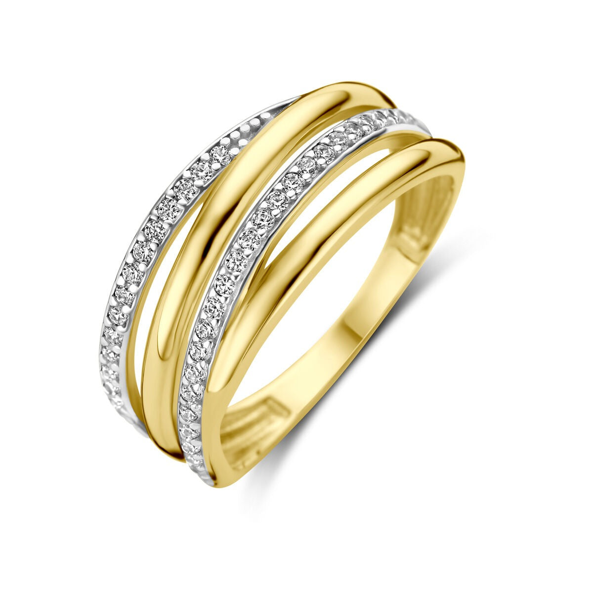 Anello da donna in oro giallo 9k con zircone, caratterizzato da tre fasce lucide e scintillanti.