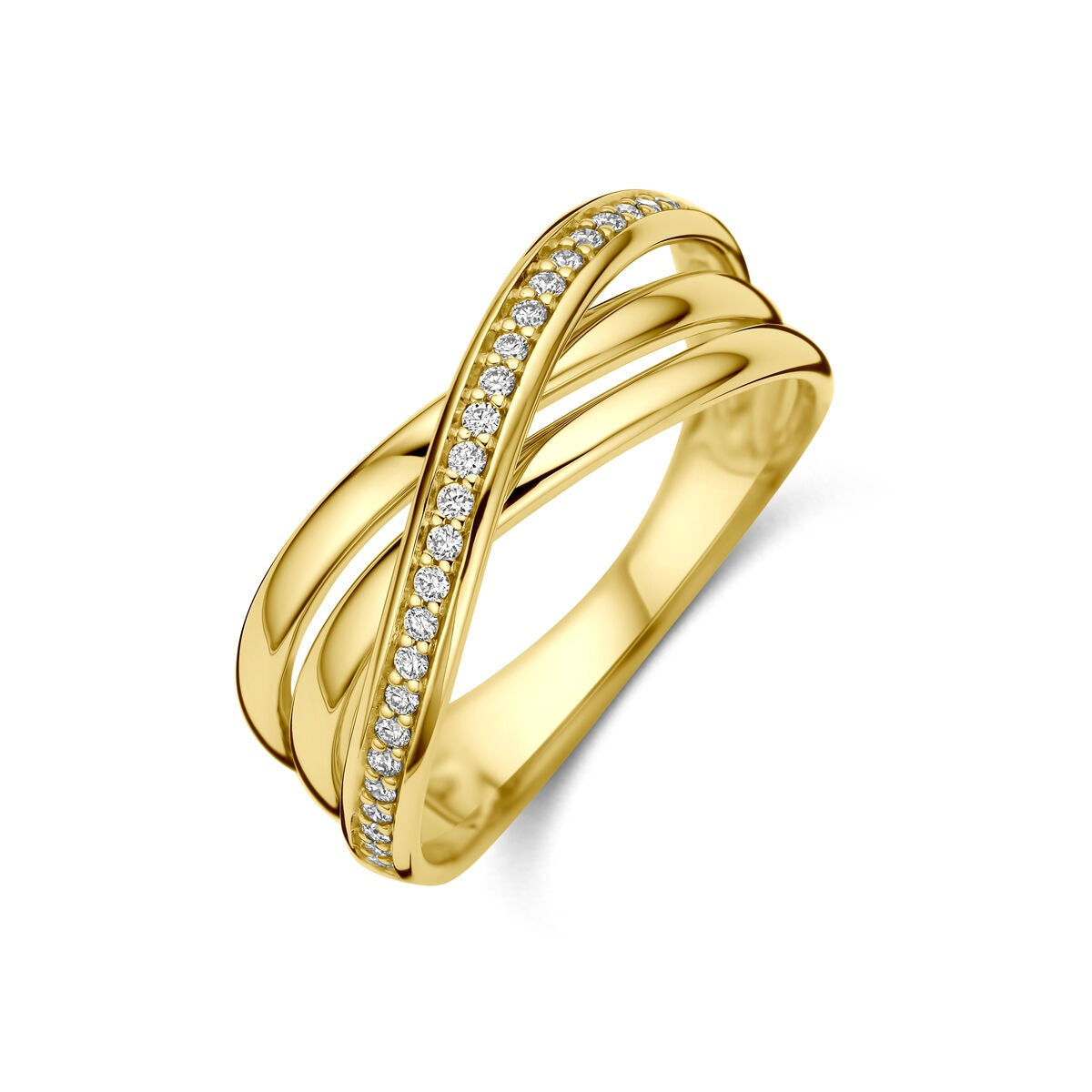 Anello in oro giallo 14k con diamanti da 0,16 ct, design intrecciato.