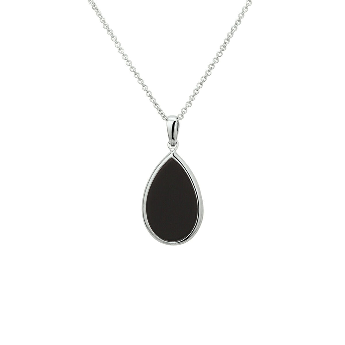 Collana in argento con ciondolo in onice a forma di goccia, finitura rodiata.