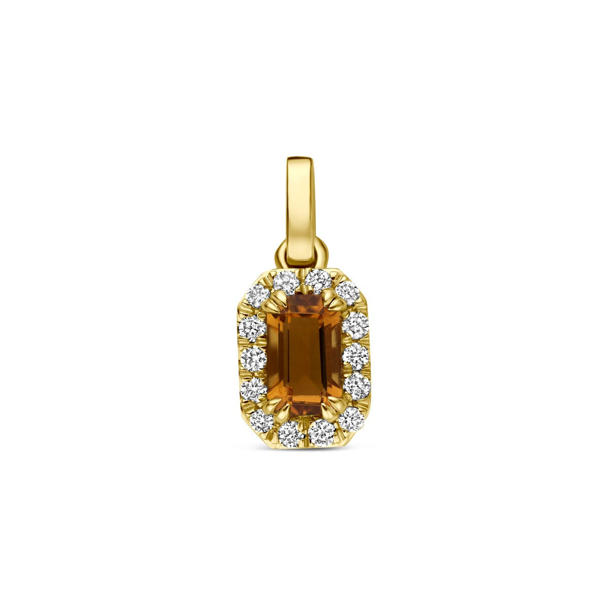Ciondolo in oro giallo 14k con citrino e diamanti lab-grown, forma rettangolare.