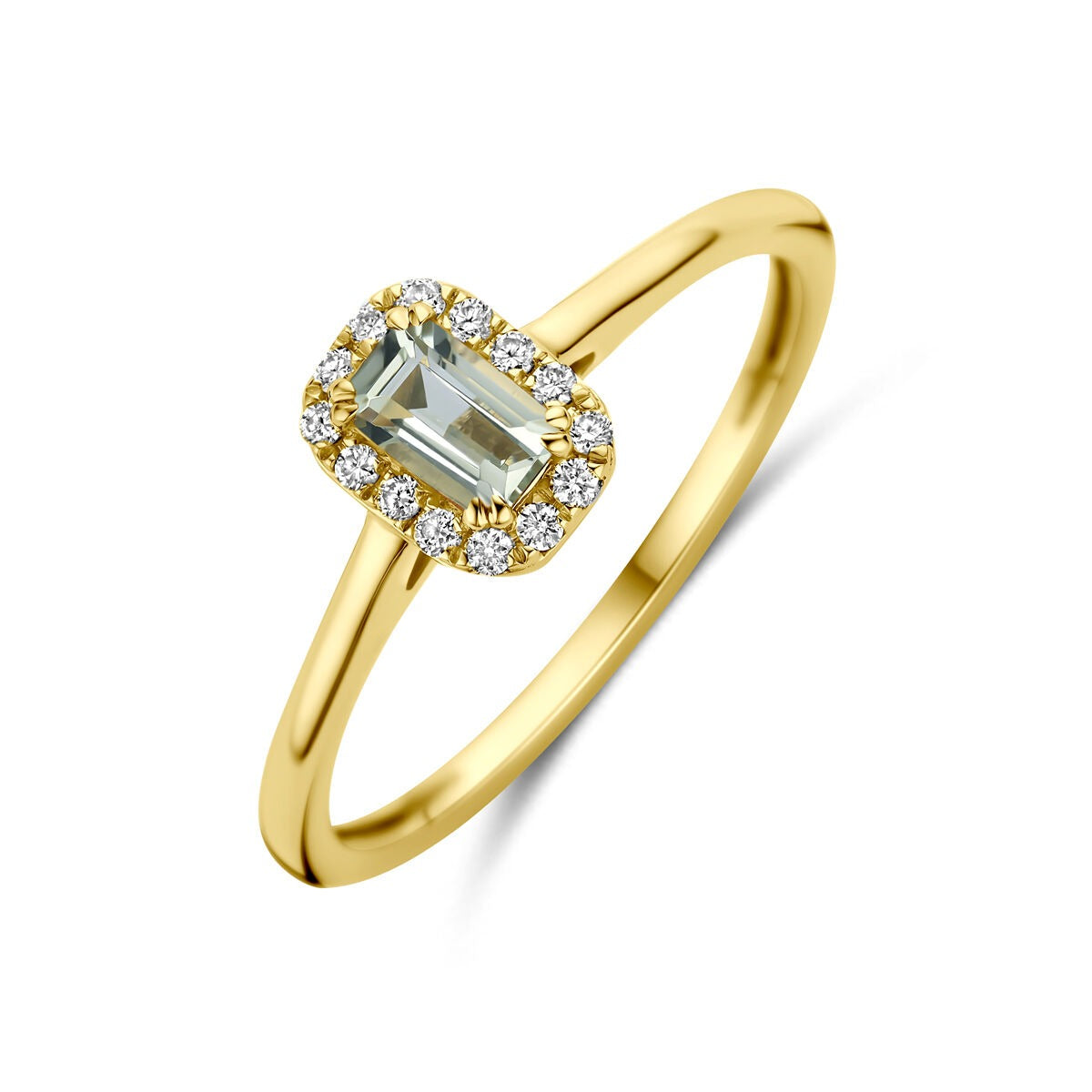 Anello in oro giallo 14k con ametista verde e diamante lab-grown, decorato con pietre brillanti.