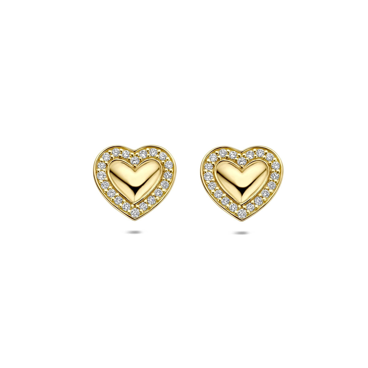 Orecchini a forma di cuore in oro giallo 14k con diamanti lab-grown incastonati.