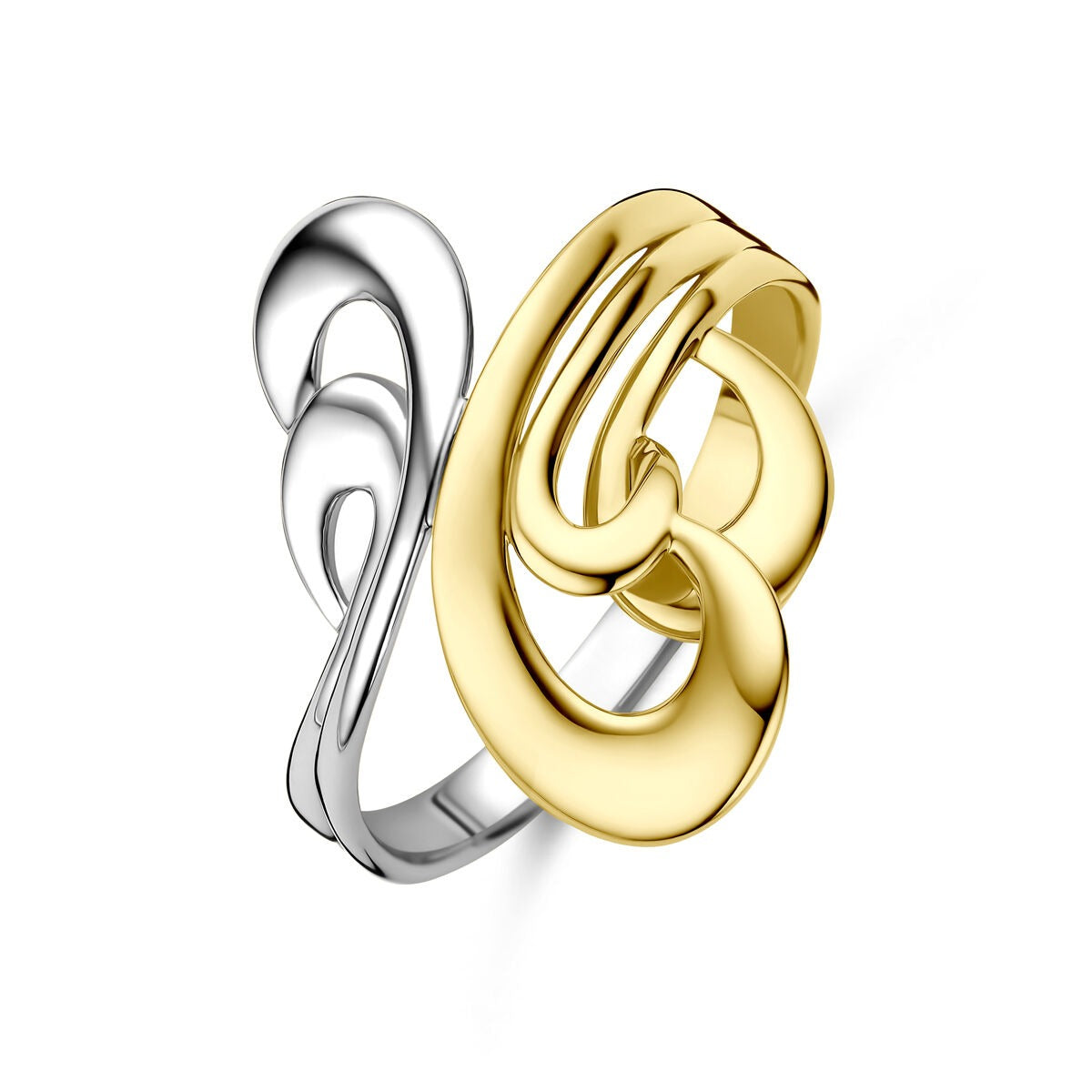 Anello da donna in oro bicolore 14k con design intrecciato e finitura lucida.