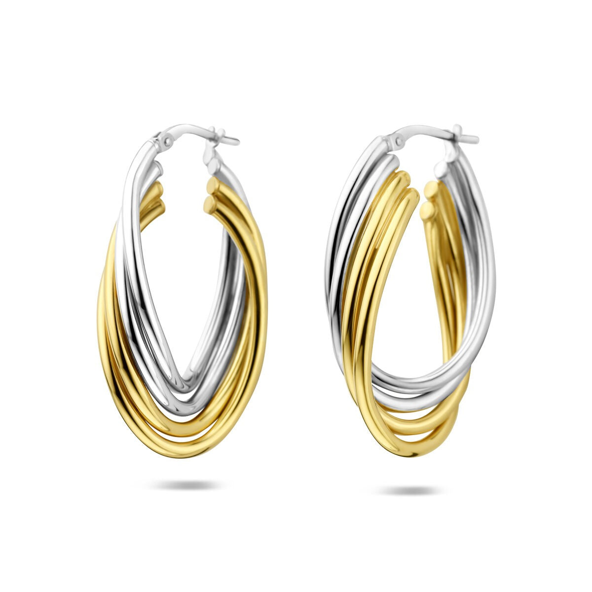 Orecchini ovali bicolore in argento dorato e rodiato con design a strati.