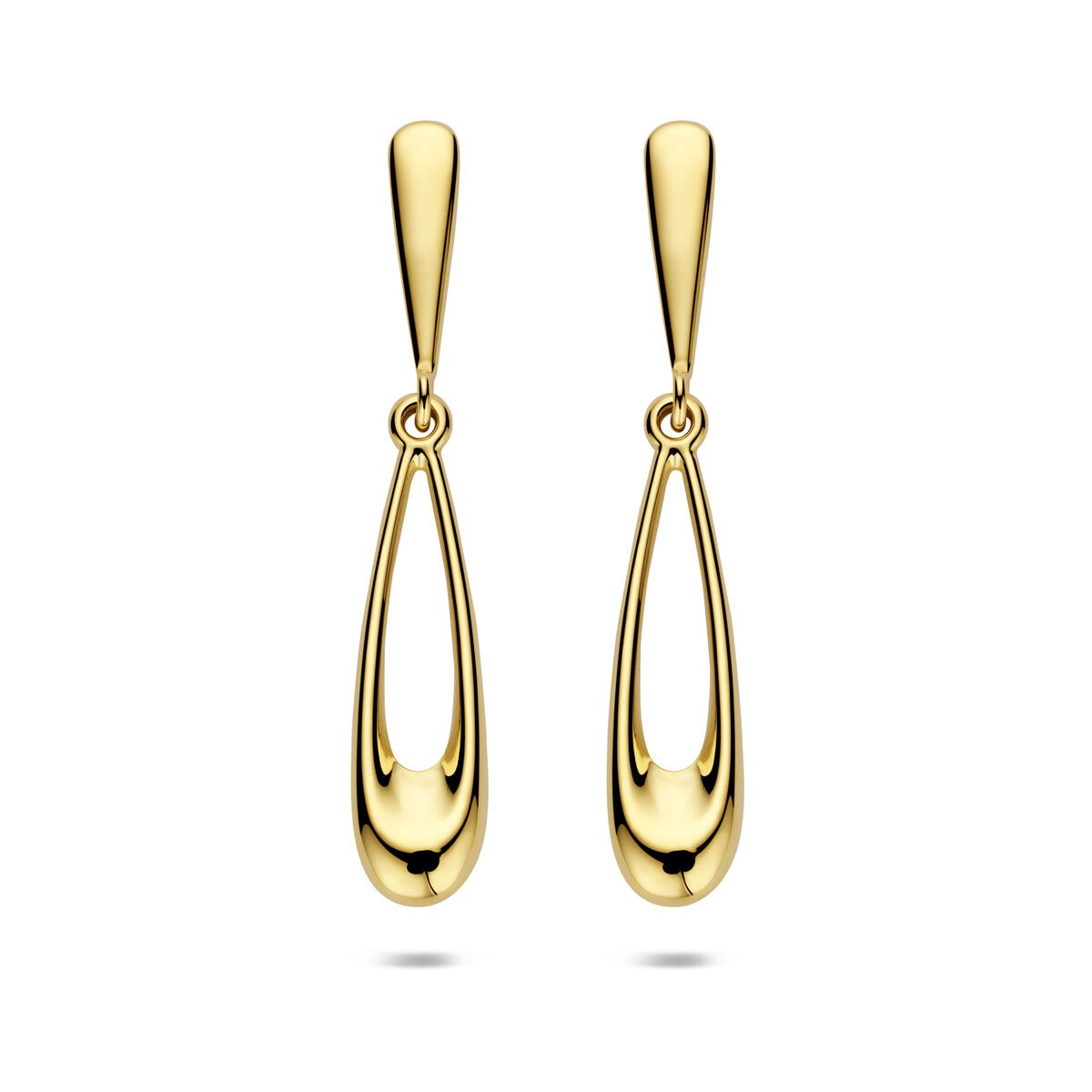 Orecchini in oro giallo 14k con forma allungata e lucida.