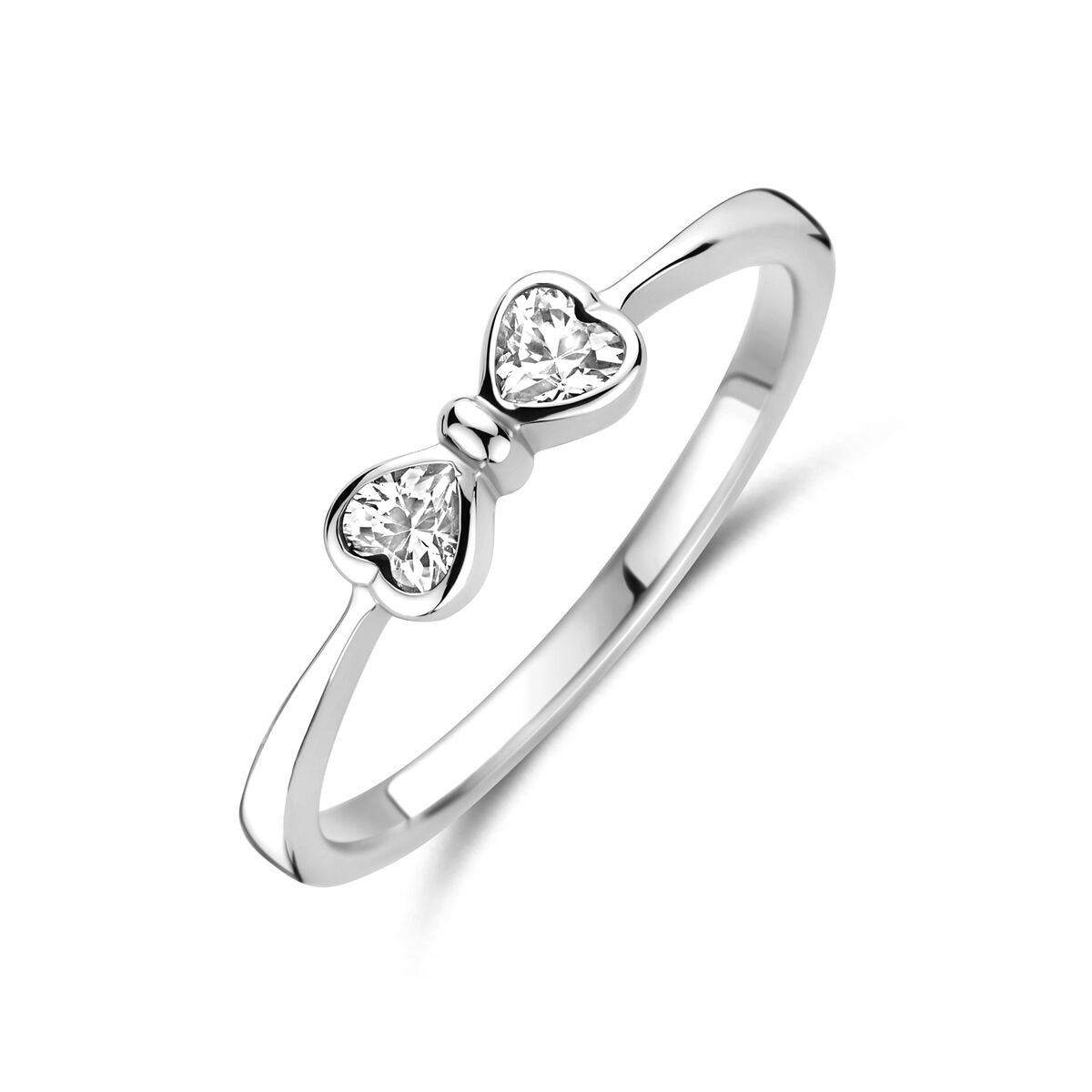Zilveren ring in strikvorm met twee zirkonia-steentjes, gerhodineerd 925 zilver.