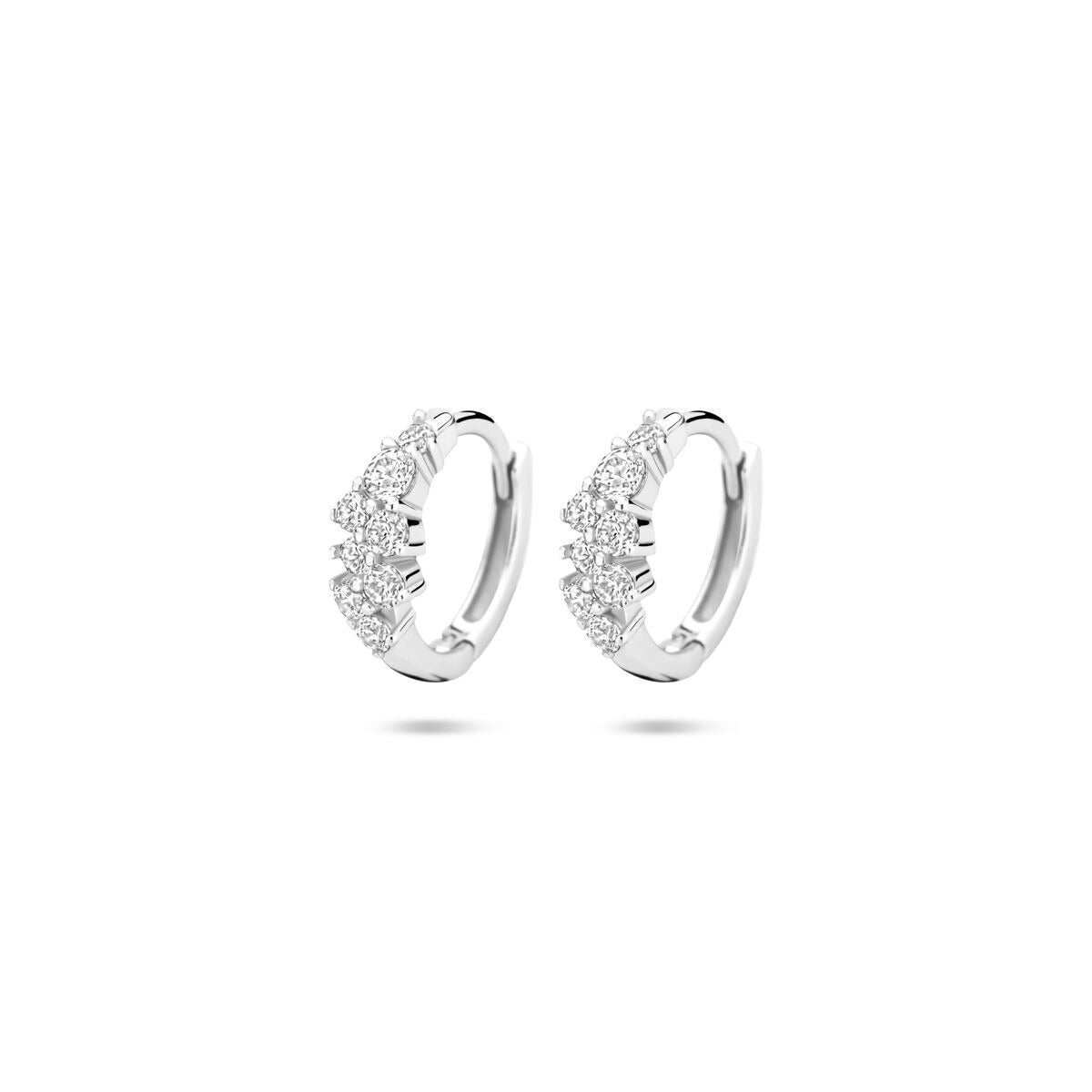 Orecchini alla creola in argento rodiato 925 con zirconi, diametro 13 mm.